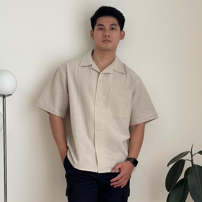 COZYCLUB CUBAN BOWLING Shirt Linen Premium | Kemeja Bowling Kerah Terbuka Lengan Pendek Baju Dark Gr