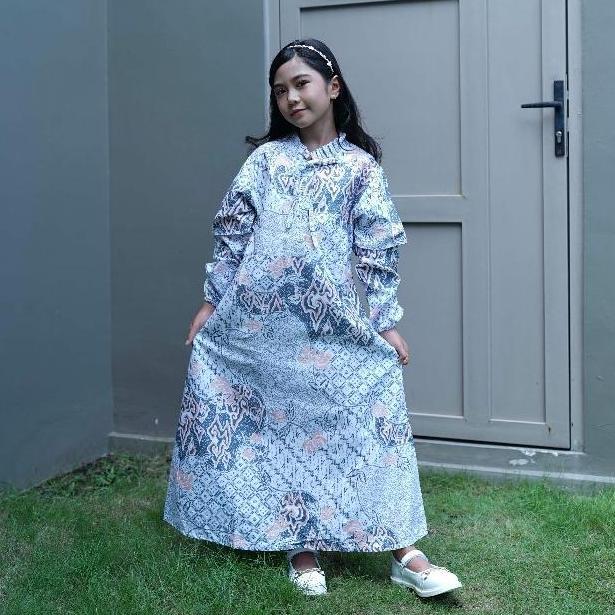 BATIK TRUSMI Gamis Batik Anak Perempuan Motif Batik Mega Mendung Kombinasi Pastel BNA