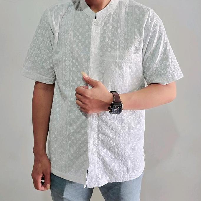 Koko Pria Terbaru Koko Katun Paris Premium Bordir Full - Putih Bersih