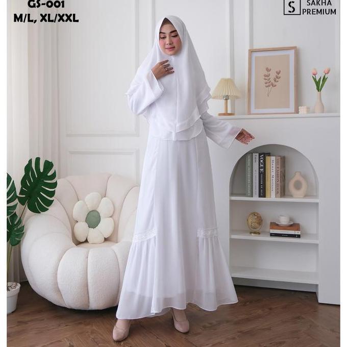 Sakha - COD GS 001 BAJU GAMIS PUTIH SYAR'I WANITA GAMIS PUTIH CERUTI JUMBO TERLARIS BAJU LEBARAN UMR