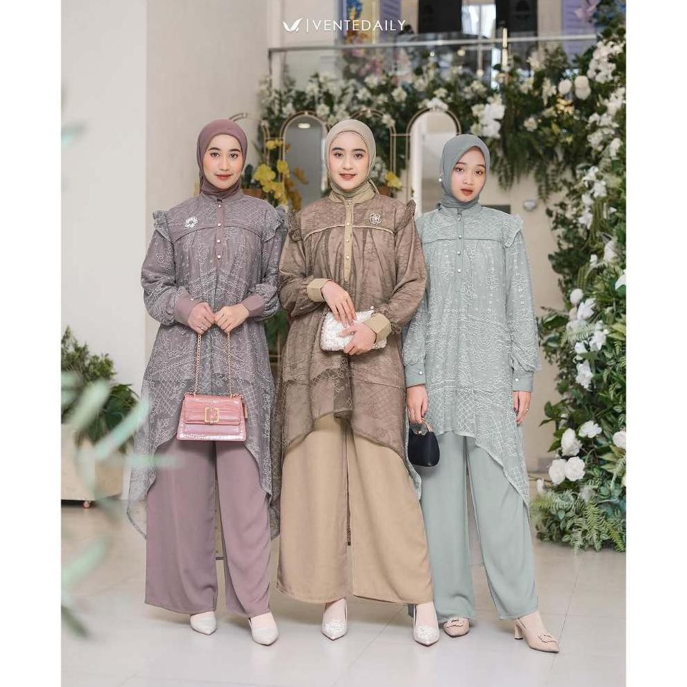 TERBARU Kaia Oneset Setelan Atasan Tunik Brukat & Celana Kondangan Elegan