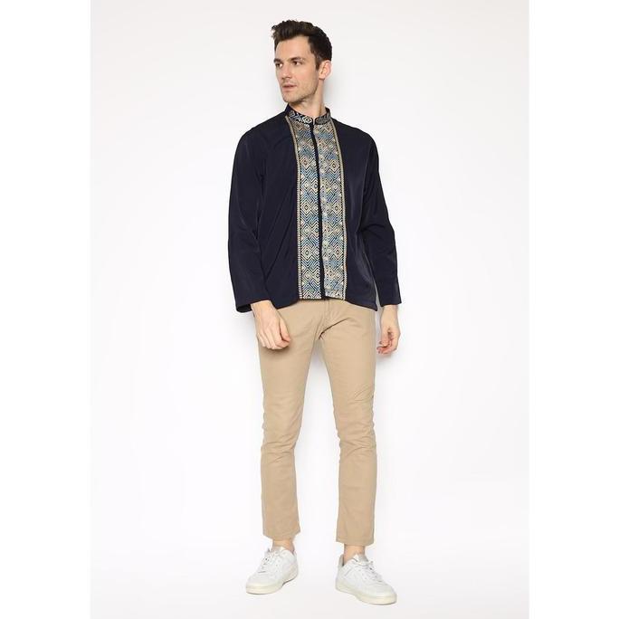 LARUSSO Kemeja Koko Bordir Lengan Panjang Pria  - Navy