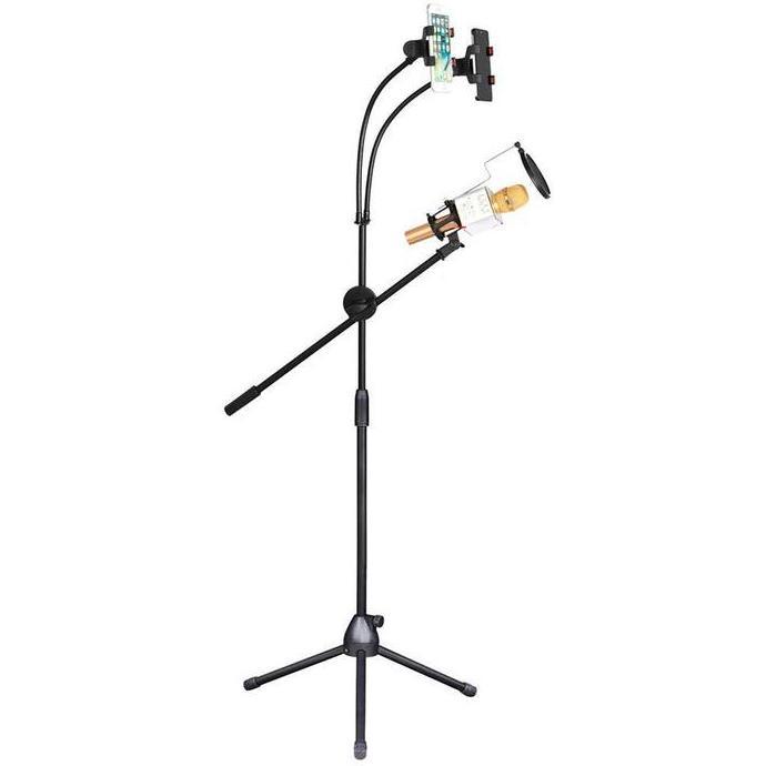Stand Mic Panjang Lantai Standing Tiang Microphone Berdiri Dengan 2 Holder HP Smartphone DVS