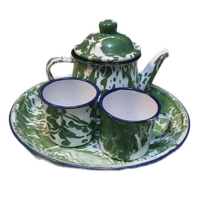 Set Nampan 25cm + Teko Cebol + Gelas Enamel 7cm Vintage Jadul Bunga tea  set SUM