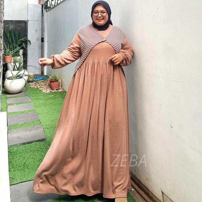 Zeba | Aruna Gamis Kaos Aster - Knit Jumbo 2 Ukuran Muat BB 70 - 200 kg Tekstur Salur Maxi Dress Wan