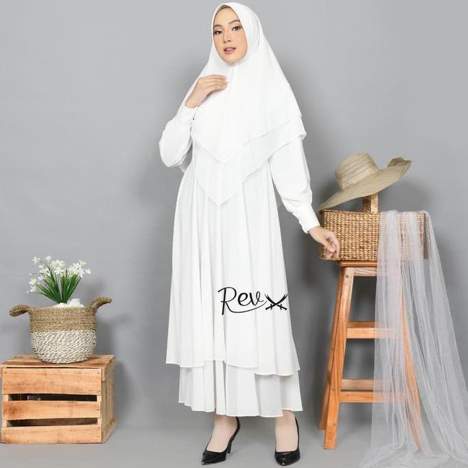 Gamis Haji Umroh Wanita Set Khimar Ceruty 2 Lapis Putih Ceruty Babydoll Premium Elegan