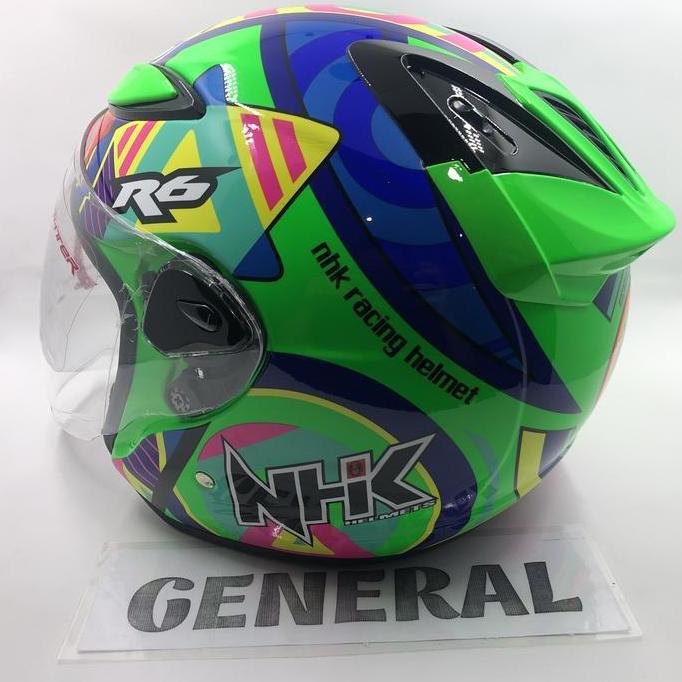 Promo Helm NHK R6 Motif Pigment Green Fluorecent Hijau Flo Stabilo Half Face Diskon