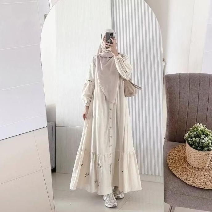 Gamis Linen Bordir Odeliahijab / Gamis wanita terbaru / Gamis katun linen bordir