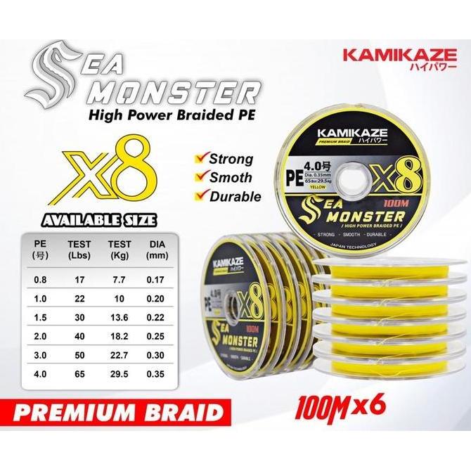 SENAR PE KAMIKAZE SEA MONSTER X8 100M |Connecting 6 Braid Line Pancing