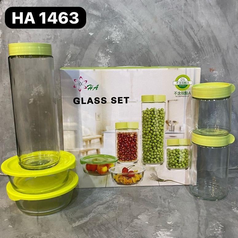 Toples GREEN 5in1 / Toples Kaca Set / Toples Kue / Food Storage / Tempat Cemilan / Wadah Makanan / T