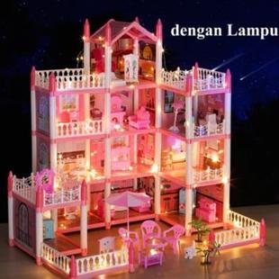 PAKET HEMAT Rumah Boneka 3D Putri Vila Besar DIY Kastil Pink Rumah Bermain dengan Perosotan Halaman 