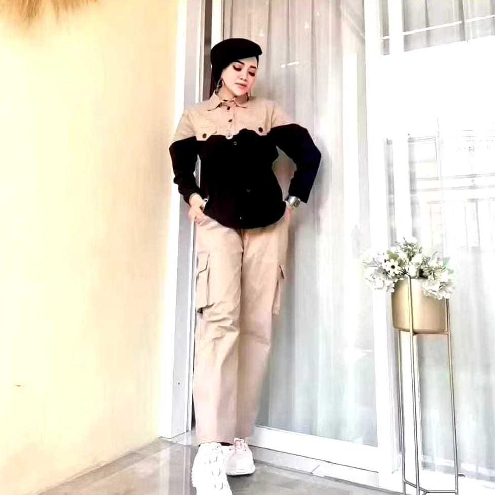 Terbaru Baju Wanita Setelan Polos Kombinasi Set Cargo Lengan Panjang Celana Panjang//Set Wanita Kema