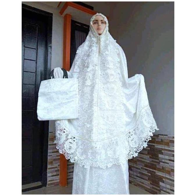 [FREE BABY GOLD] Mukena sutra paris renda mawar putih senada