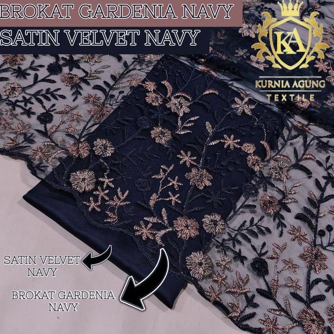 Ready Meter Brokat Bordir Tile Prancis Motif Gardernia Premium Warna NAVY / BIRU DONGKER Tile Valent