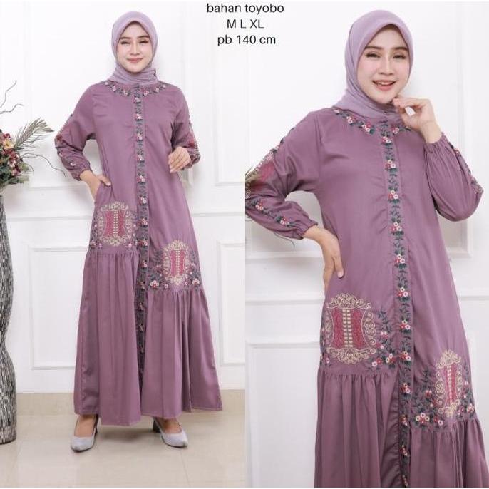 gamis bordir katun toyobo bordir fodo pintu aceh Muslim Wanita Baju Dewasa Panjang Dress Katun Polos