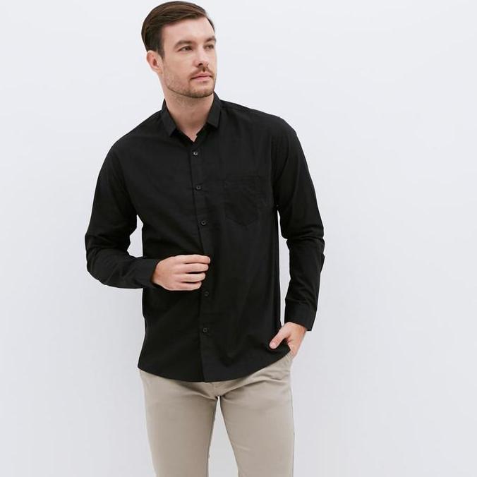 M231 Kemeja Pria Basic Polos Panjang Hitam 1468D