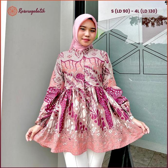 Termurah / Hot Sale Rasaraya Batik Chaya Blouse Wanita Katun - Atasan Batik Kerja Kantor Soft Pink T