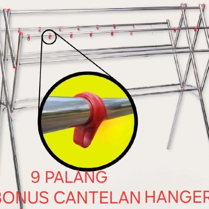 Lansungkirim- Takashimoerah Jemuran Pipa Stainless Steel 180Cm Palang 9 & 11 Bonus Canteran Hanger D