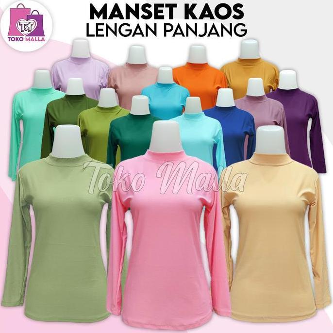 Wkwkwk- Baju Manset Kaos Wanita Lengan Panjang, Mangset Kerah Tinggi Dalaman Muslim Atasan Kaus Polo