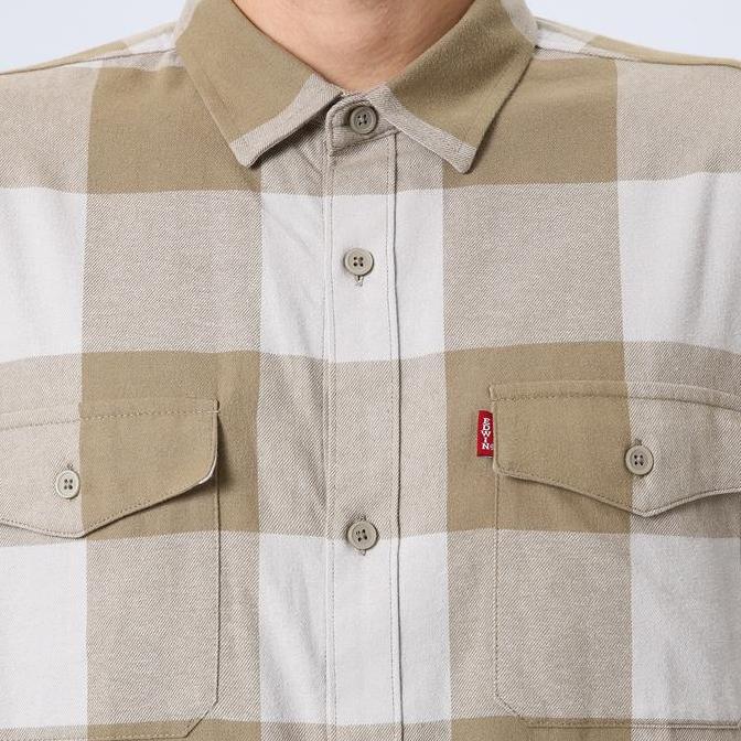 EDWIN JEANS - BASTIEN BEIGE WHITE PEPPER Kemeja Flanel Lengan Panjang Pria Casual Motif Kancing Top 