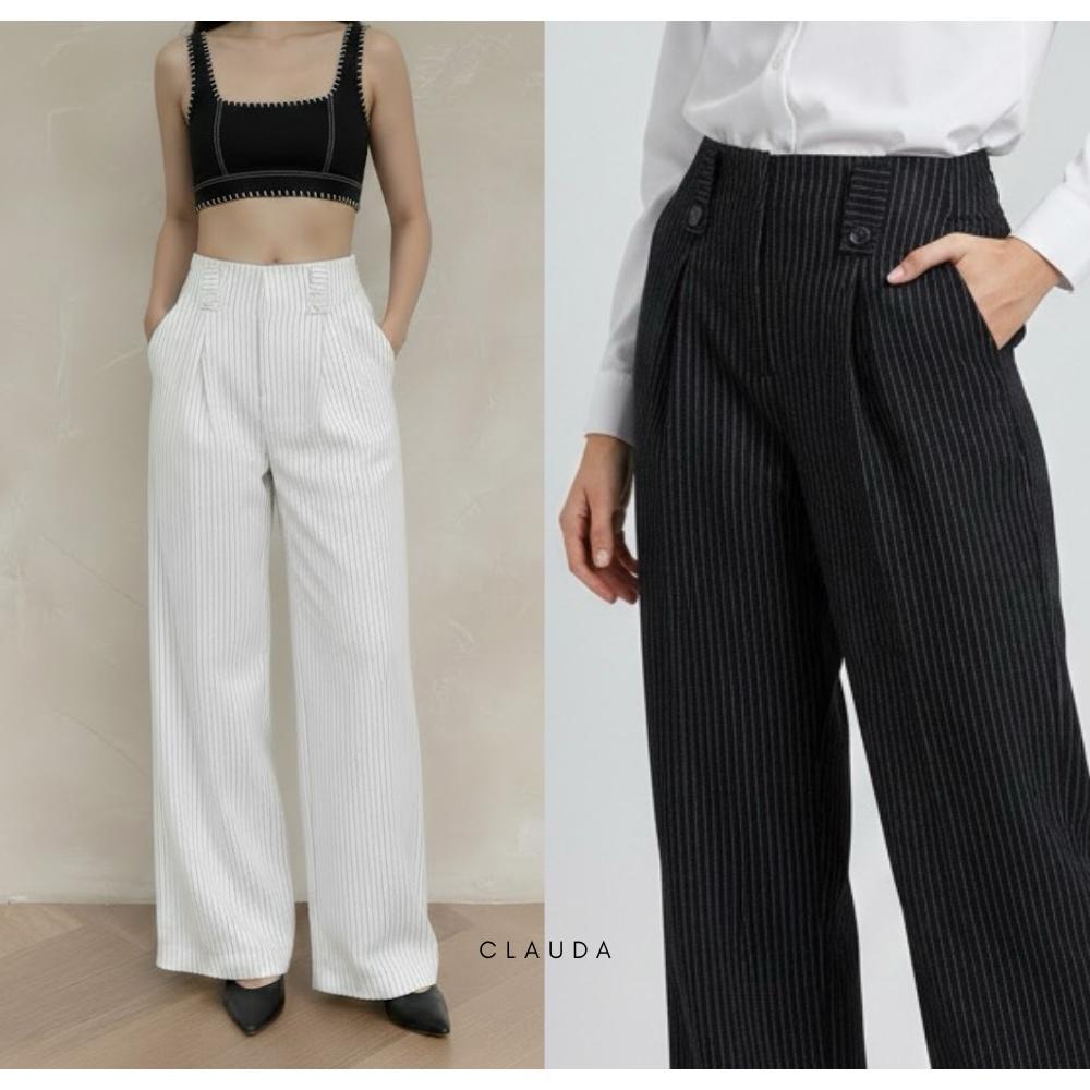 TERKINI Helena Pants - Loose Pants Stripe Pleated Wide Trouser Wanita - Celana Panjang Motif Garis S