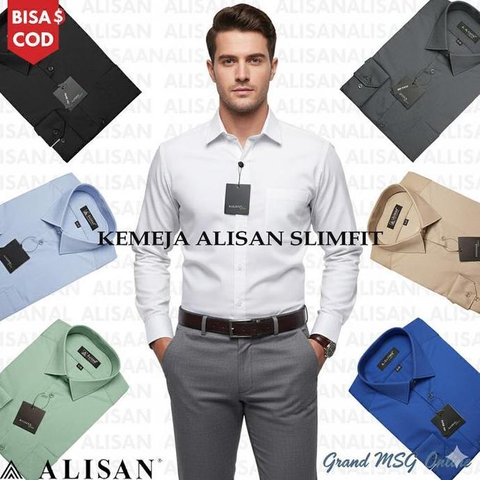 ALISAN Kemeja Pria SLIM FIT Lengan Panjang Original Polos Baju Atasan Kerja Cowo Alisan Formal Hem H