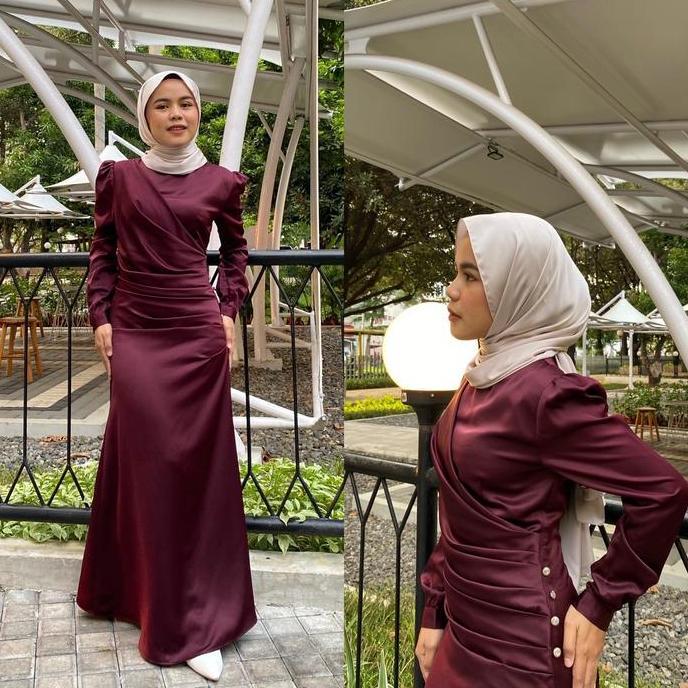 Mahaka Silk  Dress Premium -Dress burgundy  -Dress Lebaran Terbaru-Bodycon-Dress Mewah Kondangan Mus