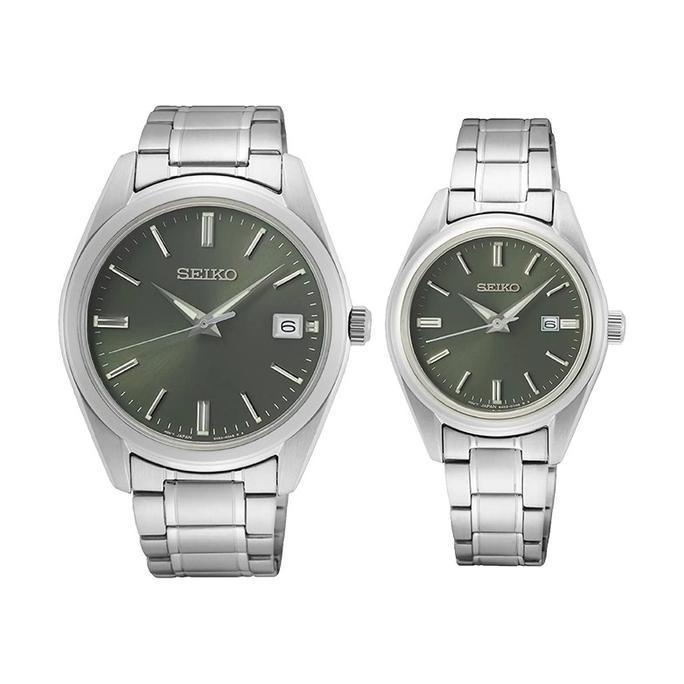 Jam Tangan Couple Seiko Classic SUR533P1_SUR527P1 Dress Olive Green Dial Stainless Steel Strap