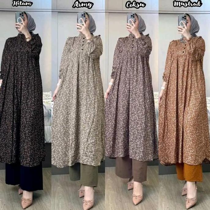 Terlaris Set Tunik Wanita  One Set Long Tunik Kancing Motif / Bahan Atasan Rayon Diamond Mix Crinkle