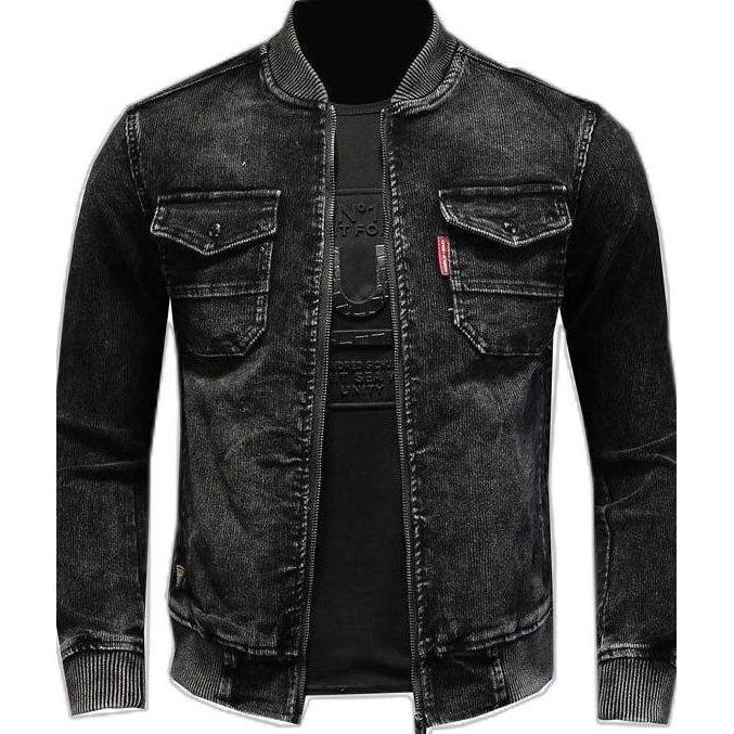 Larisyaa- Eighteen Mamima Jaket Jeans Pria Boomber Rip Hitam Full Resleting Atasan Pria Casual Keren