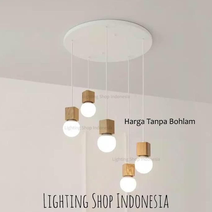 Ready stock Lampu Gantung Kayu 1set isi 3Lampu / 5Lampu Wood Cafe 3in1 5in1