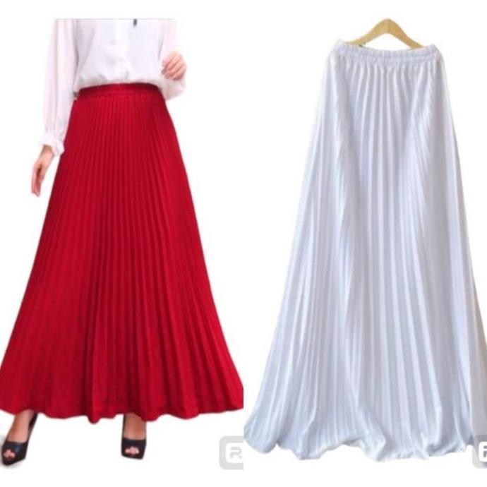DV207 >> Rok Plisket Merah Putih Premium Tebal Panjang Dewasa Wanita Bawahan Maxi