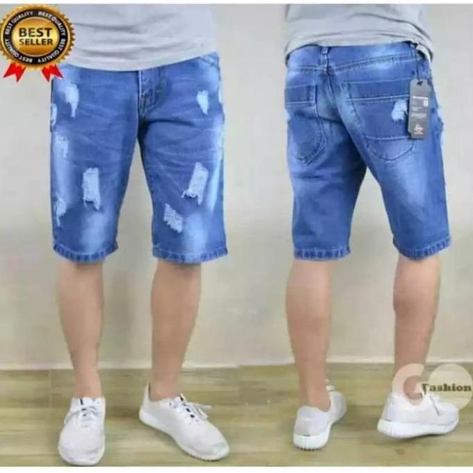 Grade Ori Celana Pendek Sobek Robek Jeans Jins Pria Cowok Laki Dewasa Warna Biru Hitam Pekat Polos