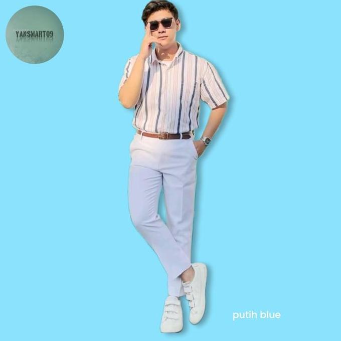 Bergaransi Celana Panjang Formal Putih Pria Celana Bahan Semi Woll Pria  Kerja Kantor High Slim Fit 