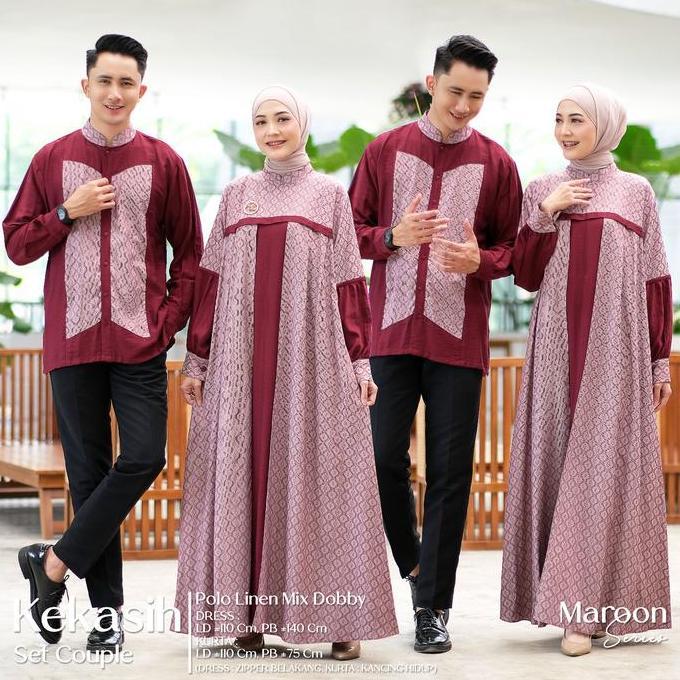 Kekasih Set Couple Dress Kurta Muslim Polo Linen Mix Dobby Motif Polos Gamis Koko Baju Keluarga Suam