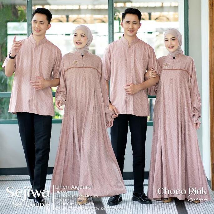 Sejiwa Set Couple Dress Kurta Muslim Linen Jacquard Motif Batik Gamis Koko Baju Keluarga Suami Istri