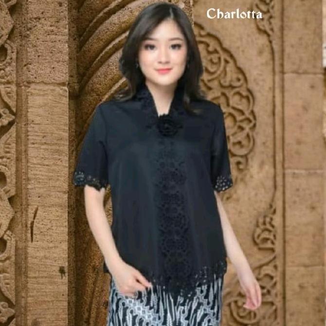 ATASAN Kebaya Encim Laser Terompet CHARLOTA Tangan Pendek Atasan Wanita Hitam Baju DS