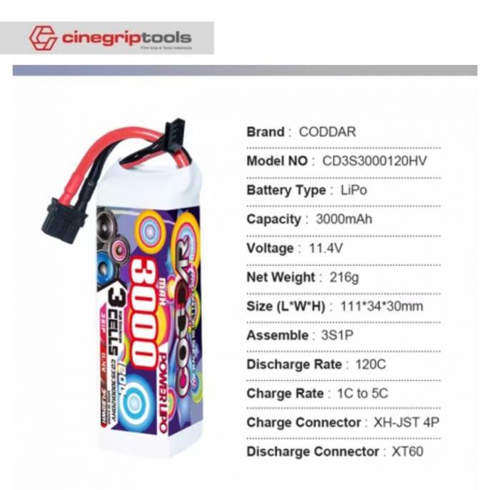 CODDAR LiHV 3S 3000MAH 11.4V 120C LiPo Battery XT60 - CD3S3000120HV