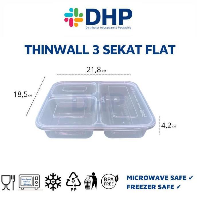 Thinwall Bento 3 Sekat FLAT + Tutup Box Kotak Makan Nasi Plastik