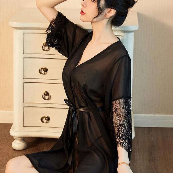 New Deals Baju Tidur Sexy  Kimono Tidur Lengan Panjang Renda Tali Sexy Kemeja Tidur Wanita Nyaman Ha