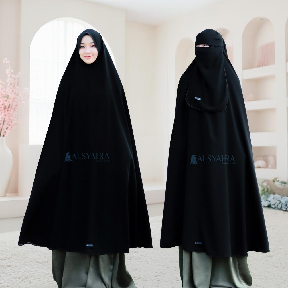 recommended alsyahra exclusive - set long khimar like mukena haramain niqab bandana jetblack