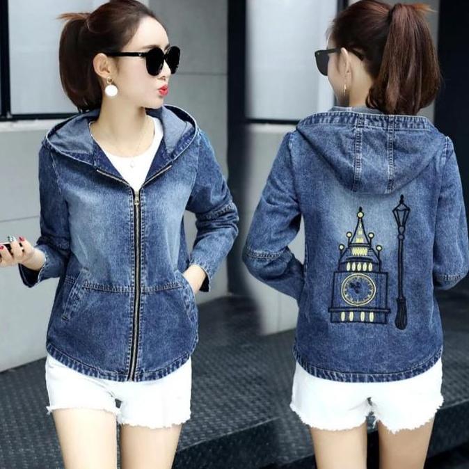 DE9 >> JAKET JEANS HOODIE WANITA LENGAN PANJANG RITSLETING BELAKANG BORDIR