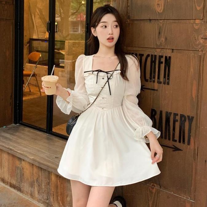 DV337 >> 1312 dress long korean style vintage princess putih Wanita cantik lengan panjang midi big s
