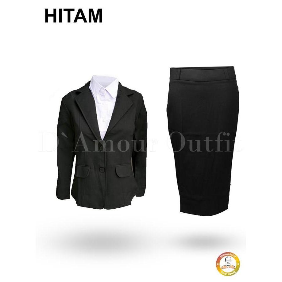 DY143 >> Setelan Jas Blazer Rok Span Pendek 7/8 Wanita Formal Kantoran Gabardine Polos Hitam S - 5L 