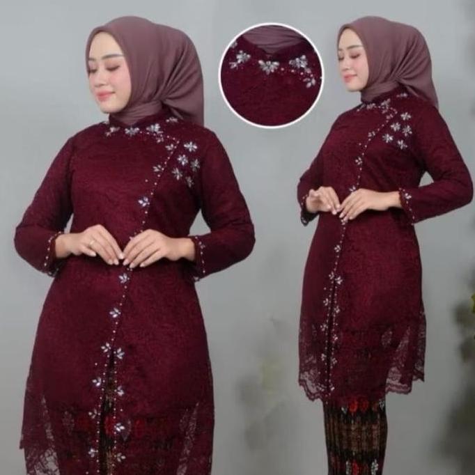 DV348 >> Murah Setelan Baju Kebaya Tunik Tamara Brokat Payet Kombinasi Dengan Rok Plisket Kebaya Jum