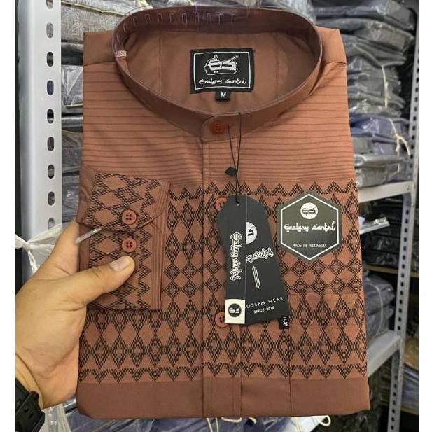Awet Galery Santri Baju Koko Pria Lengan Panjang Kerah Sanghai Motif Salur Katun Madinah