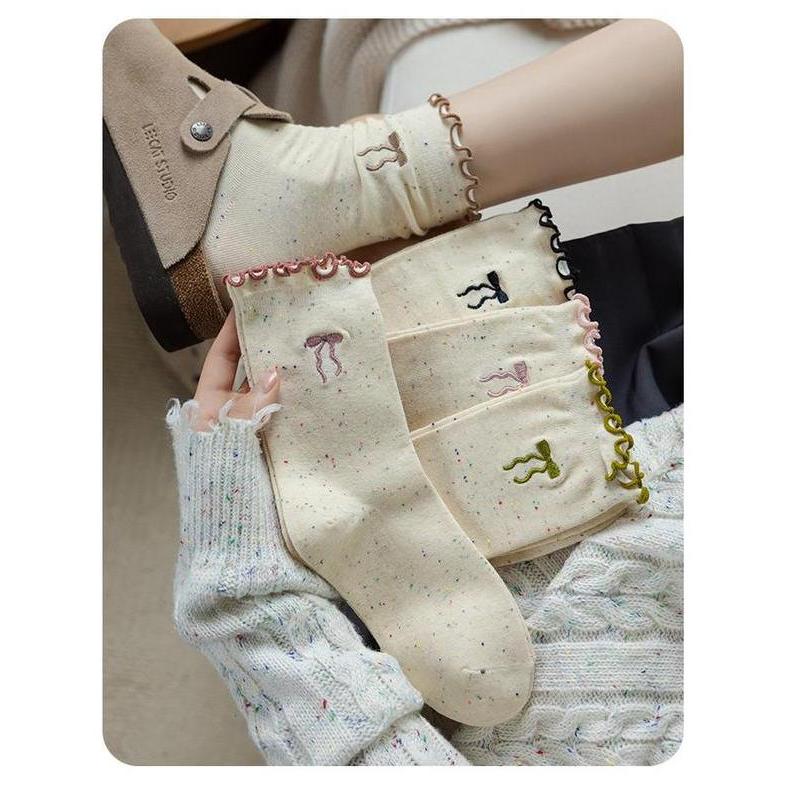 JH5203 Kaos Kaki Wanita Ruffle Women Socks Katun Premium - Kaos Kaki Bordir Pita Korean Cotton Socks