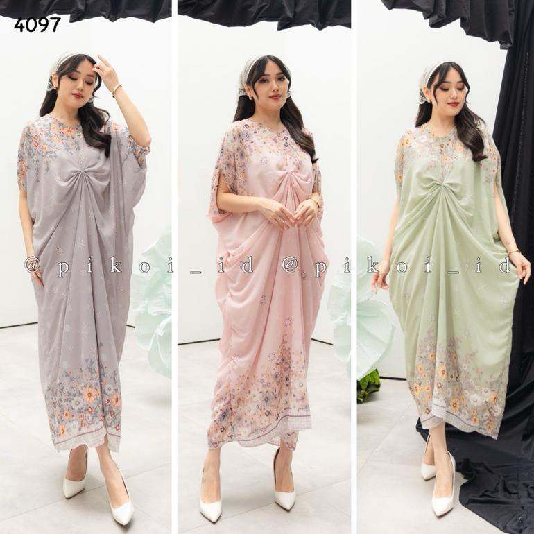 Kaftan putih katun rayon motif modern / gamis abaya turkey kekinian / dress v neck wanita murah 3720