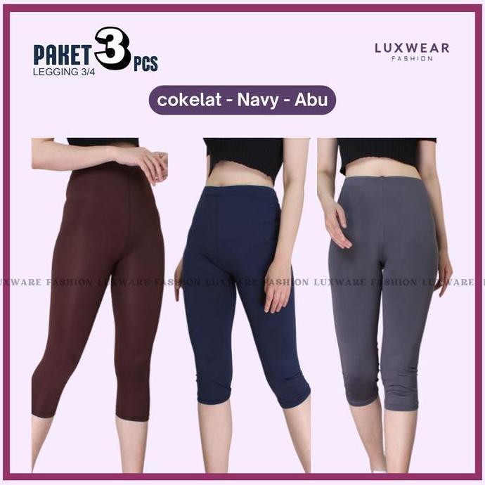 Kirimlangsung- Paket 3 Pcs Legging 3/4 Spandek Licin Polos Celana Pendek Wanita Dewasa Standar Lembu