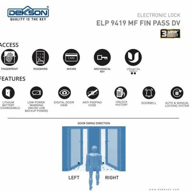 DEKKSON Smart Digital Electronic Lock ELP 9419 MF FIN PASS DV